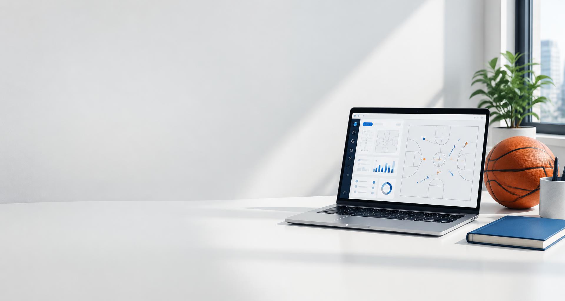 A software builder’s workspace with a laptop and basketball